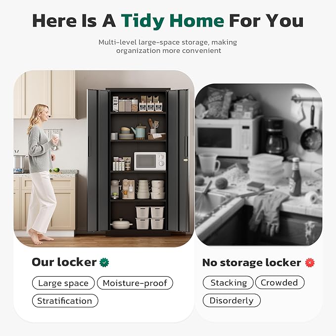 Greenvelly 63" H Metal Storage Cabinet Black, Locking Metal Cabinet, Store Tools, Clothes, Tableware and Toiletries, Garage Cabinets with Adjustable Shelves for Office, Home, Garage, Pantry
