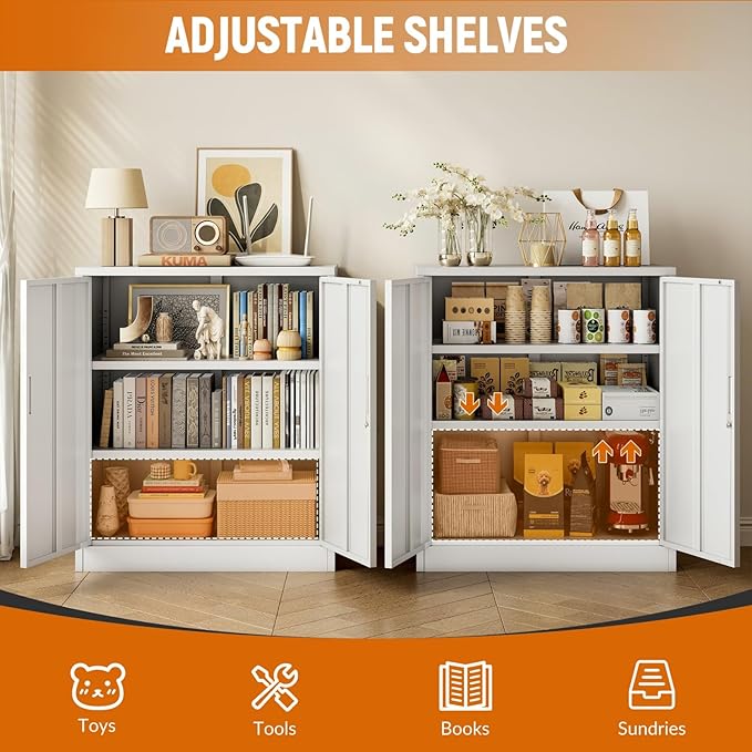 BESFUR Metal Storage Cabinet 36" H, White Locking Cabinet with 2 Lockable Doors and 2 Adjustable Shelves, Garage Storage Cabinet for Home Office, Garage, School, Apartment, Warehouse