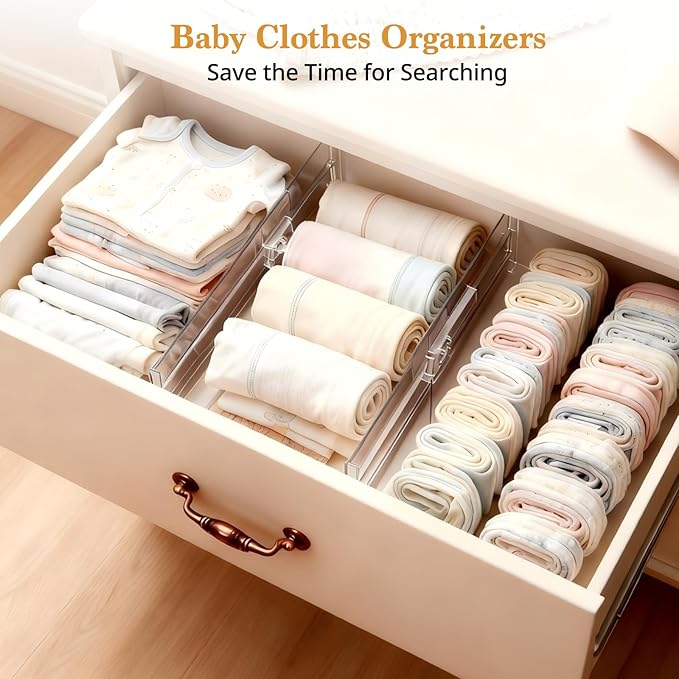 4 Pack Drawer Dividers for Clothes, 4" High 10"-17" Drawer Dividers Adjustable Expandable Dresser Drawer Organizers, Clear Dresser Separators for Clothes, Underwear, Baby Clothes, Cosmetic, Toiletries