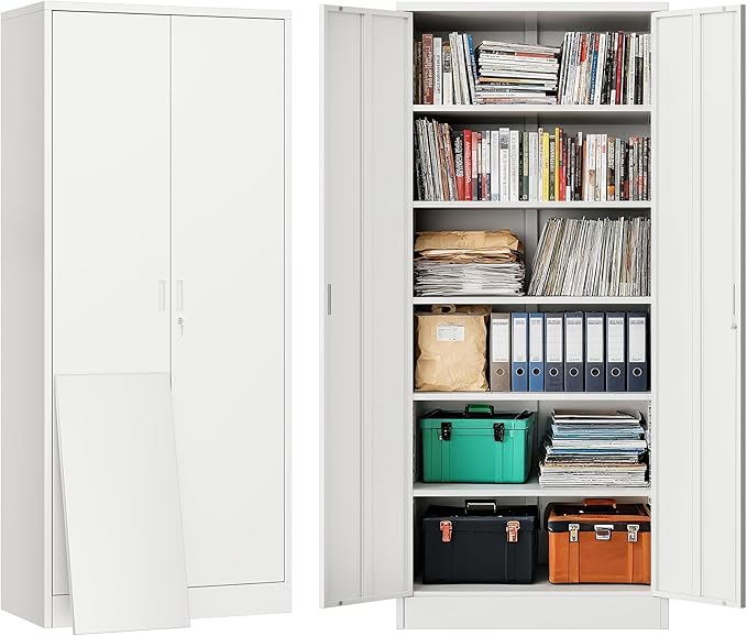 BESFUR Metal Cabinet with 5 Adjustable Shelves and 2 Lockable Doors, 71" H Locking Cabinet for Garage, Classroom and Office -White