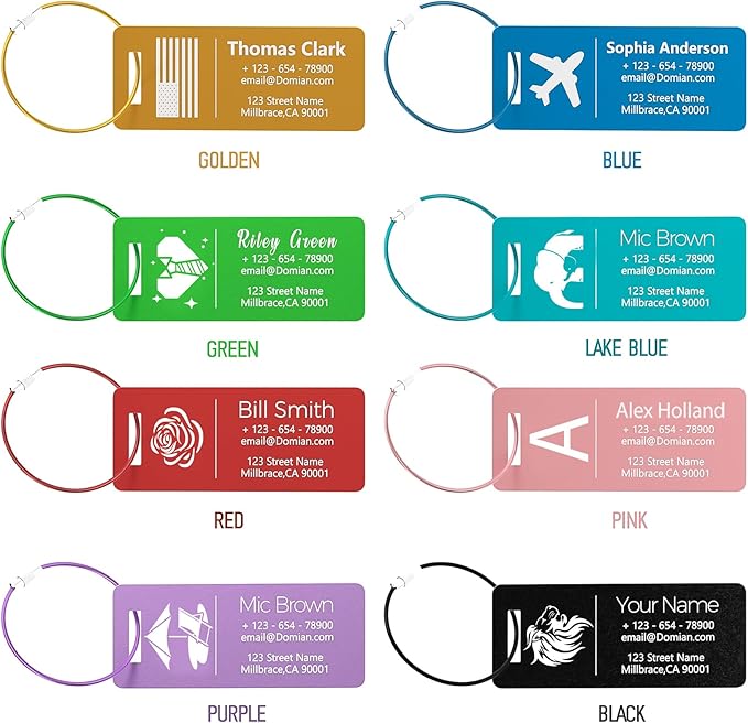 4 Pack Personalized Luggage Tags, Custom Engraved Aluminum Luggage Tags with Your Personalized Text, Waterproof Metal Name Tags with Steel Loop for Bags, Suitcase, Baggage, Backpack (Black, Small)