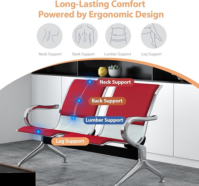 Kinfant 2-Seat PU Leather Waiting Room Bench – Red Reception Chair for Office, Hospital, Bank, Salon, Airport