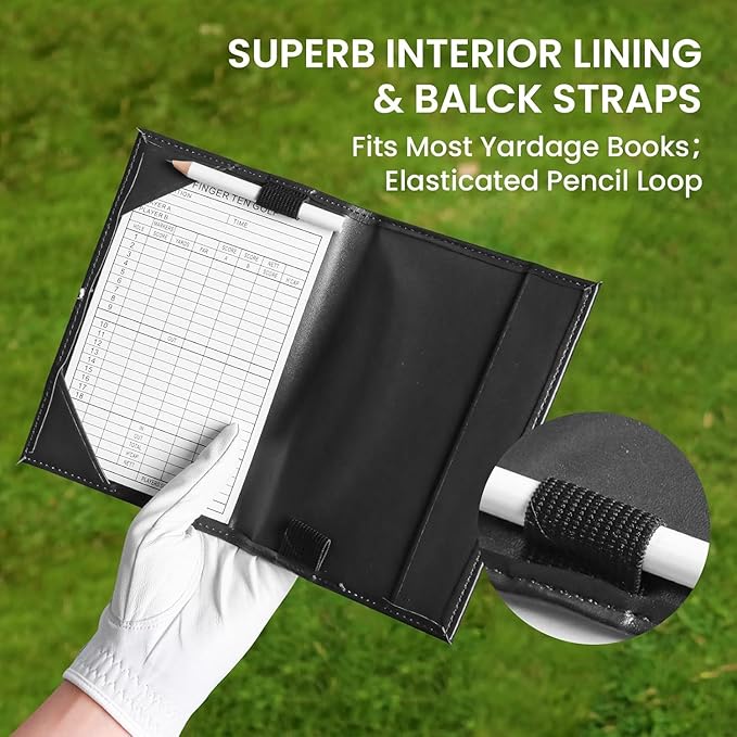 FINGER TEN Golf Scorecard Holder Leather Yardage Books Cover Lucky Clover with 2 Free Pencil Value Pack Deluxe Pocket Score Card Covers Gift for Men Women Golfer