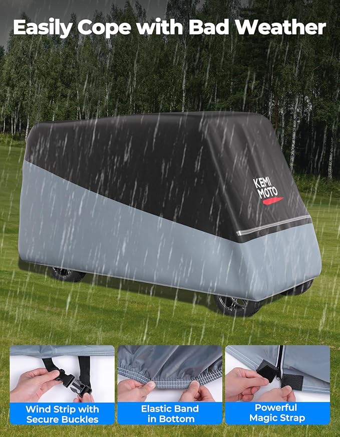 KEMIMOTO Golf Cart Cover, 2/2+2/4/4+2/6/6+2/8 Passenger Heavy Duty Golf Cart Rain Covers with Storage Bag Universal Compatible with EZGO Club Car