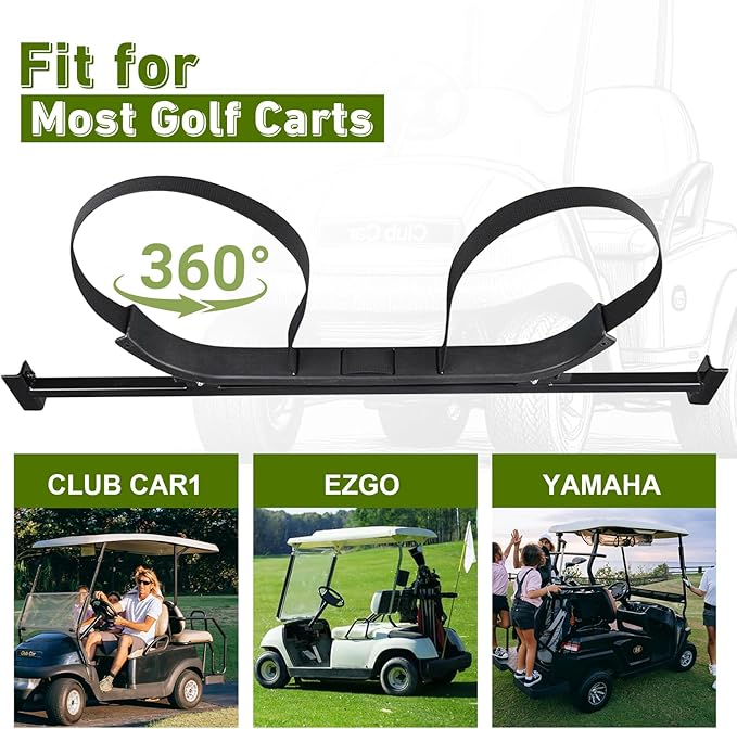 Universal Golf Cart Bag Holder Bracket Fit for Yamaha, EZGO and Club Car Rear Seat Kits, Golf Cart Rack Designed for 1-Inch Square Tube with Nylon Strap Attachment for Securing Golf Bag