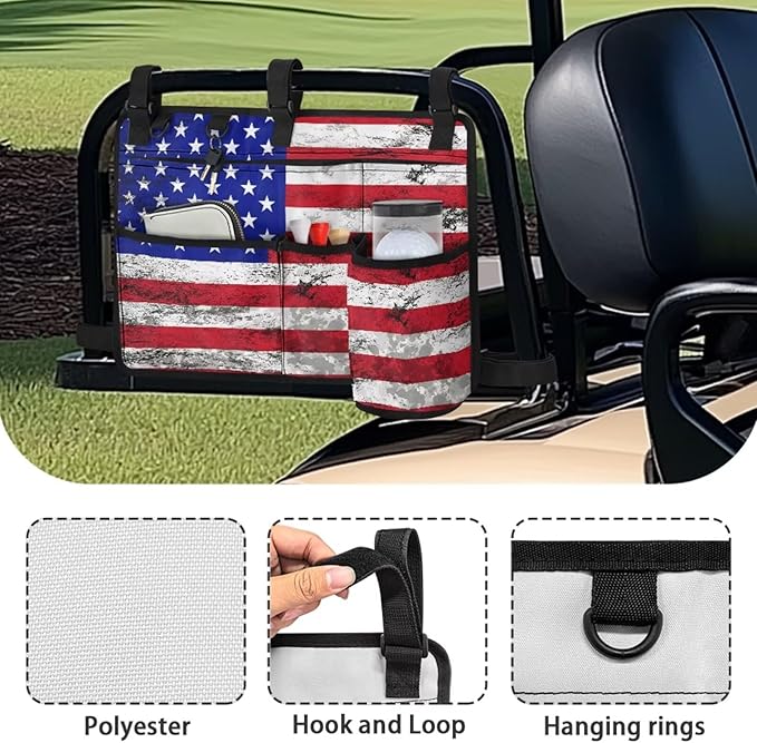 American Flag Golf Cart Bag, Golf Cart Rear Seat Organizer with Open Pockets for Golf Balls & Bottles