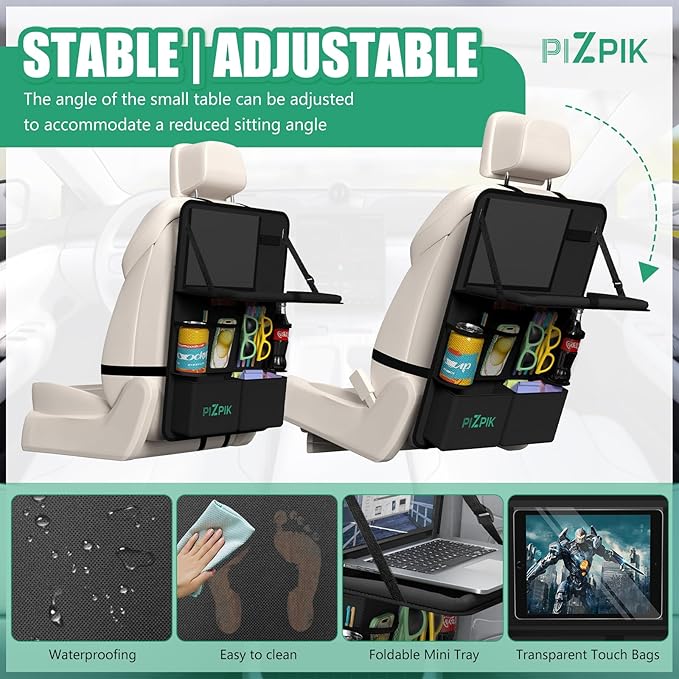 Car Backseat Organizer with Tablet Holder,11 Storage Pockets with Foldable Food Tray, Protector Kick Mats for Kids, Travel Accessories Organizer (Black, 1Pack with Food Tray)