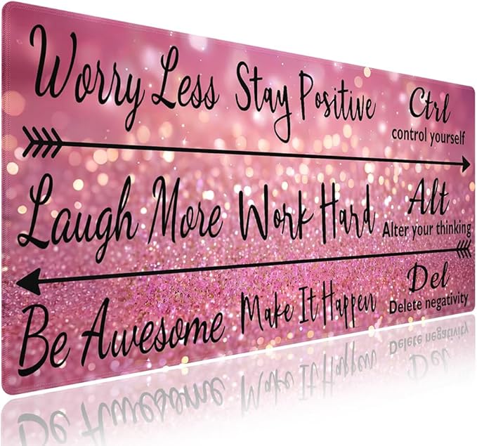 Wknoon. Extra Large Gaming & Office Mouse Pad (31.5" x 11.8") – Inspirational Quote Stay Positive Work Hard & Pink Glitter Design, Premium Anti-Slip XXL Desk Mat with Durable Stitched Edges