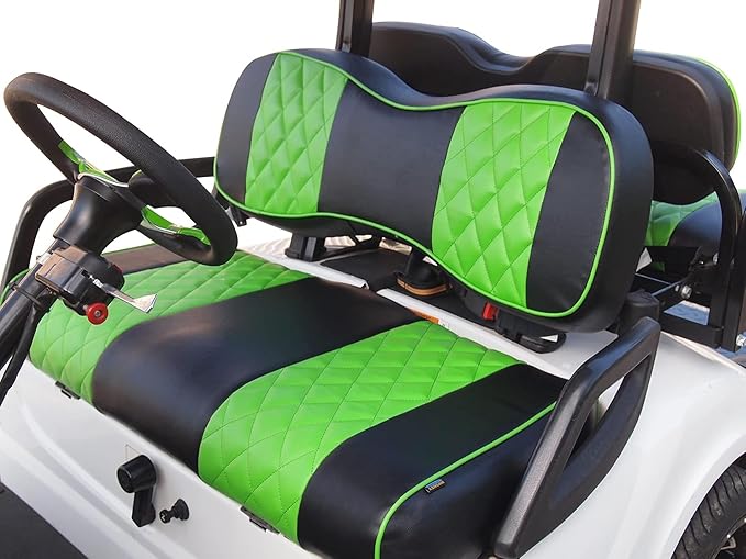 Huskey Golf Cart Front Seat Covers for EZGO Valor/TXT 2014-2022 Models, Black/Lime Green Diamond Stitching, Custom Fit, Marine Grade Vinyl, Staple On