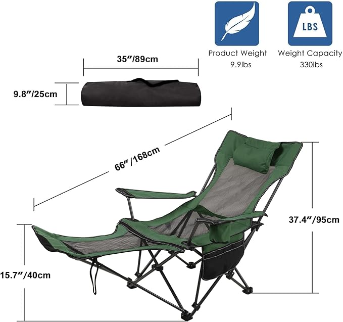 LEADALLWAY Camping Folding Chair with Foot Rest, Collapsible Camp Chair with Cup Holder and Removable Storage Bag, Heavy Duty Beach Chair for Outdoor Camp, Picnic, Travel, Fishing