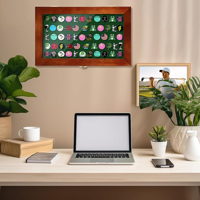 40 Golf Ball Marker Display Case Full Magnetic Backing 15.5" W x 9.5" H Wall Mount Wooden W/98% UV Acrylic Door Lockable Storage Display Box for Ball Marker Collection (Brown)