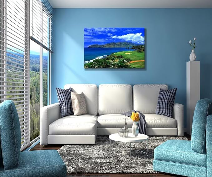 chenchenArt Lagoons Golf Course Wall Art for Living Room Bedroom Bathroom Home Decoration Hawaii Ocean Golf Course Picture Poster Canvas Prints Modern Artwork Framed Ready to Hang(12''H x 16''W)