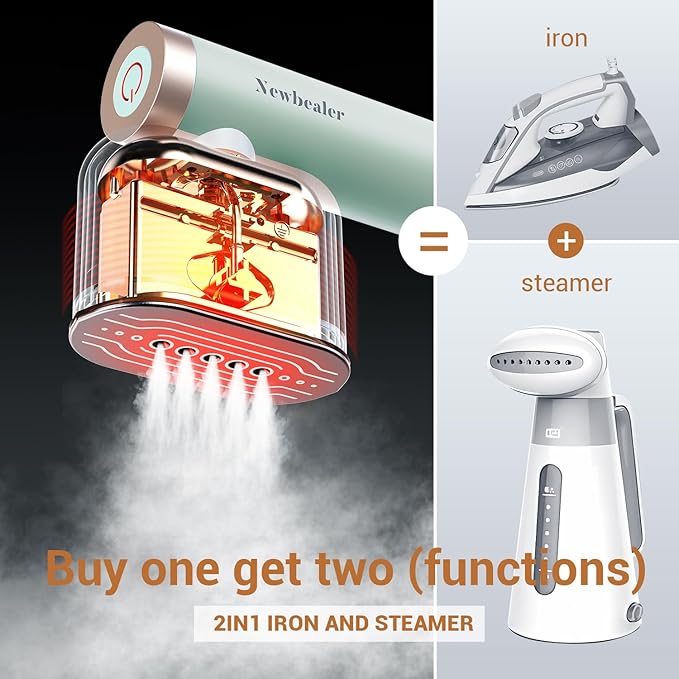 Newbealer Steamer for Clothes, 1200W Portable Steam Iron, 2 Steam Levels, Horizontal and Vertical Steaming, Dry Ironing, 15s Heat Up, Rotatable, 302°F Garment Wrinkle Remover, Green (120V Only)