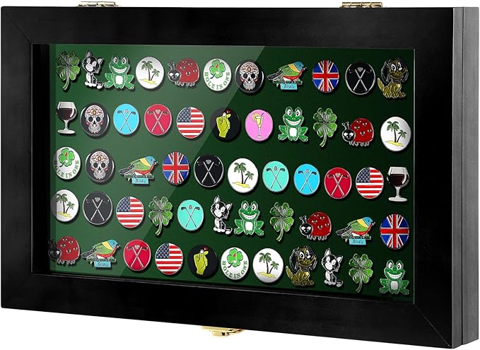 40 Golf Ball Marker Display Case Full Magnetic Backing 15.5" W x 9.5" H Wall Mount Wooden W/98% UV Acrylic Door Lockable Storage Display Box for Ball Marker Collection(Black)