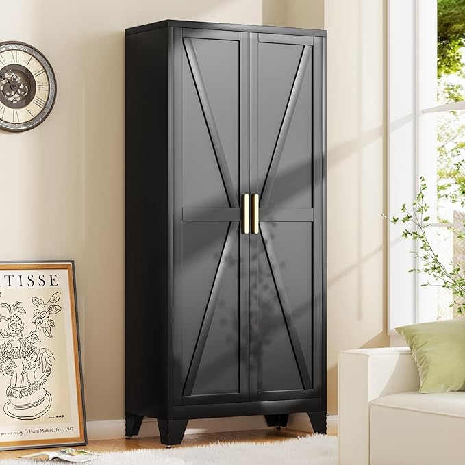 71H Tall Metal Storage Cabinet with 2 Doors and Adjustable Shelves,Farmhouse Storage Cabinet with Barn Doors,Pantry Storage for Home,Office,Bathroom,Dining Room,Kitchen(Black)