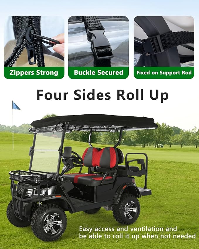 Golf Cart Enclosures 4 Passenger 93 inch Extended Roof for EDACAR Terrain 4 Seater,Clear Rain Cover 4 Sided Transparent Windows Zippers Door Roll Up Driving Enclosure,Side Mirrors Opening(Black)