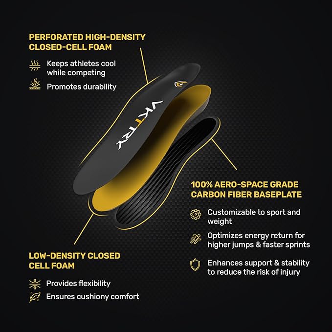VKTRY Gold for Cleated Shoes - Carbon Fiber Performance Insoles - Customized Athletic Inserts for Soccer & Track | Shock Absorption, Run Fast, Jump High, US: Men 13-13.5, Women 15-15.5, 121-170lbs