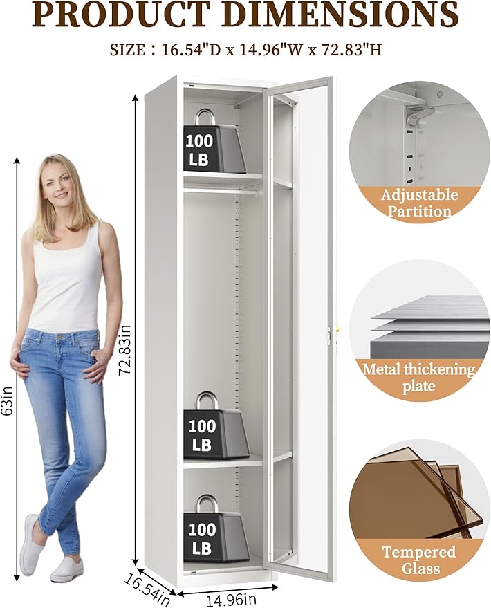 Tall Metal Locker 0rganizer for Employees with Lock, 72.83" H Amber Glass Door Cabinet with Mirror,Lockable Lifetime Locker for Home, Office, Gym, School, Garage (Single Door, White)