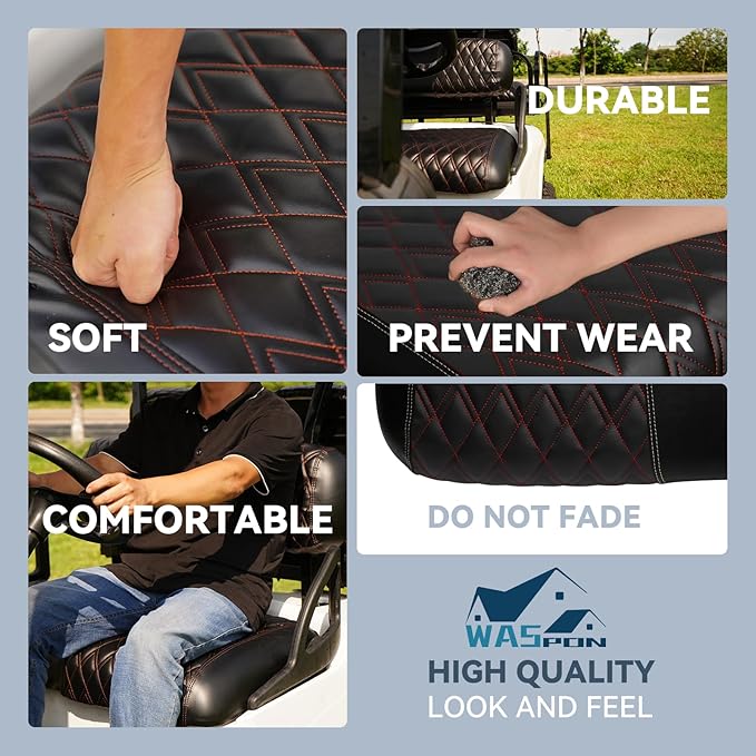 4PCS Golf Cart Diamond Seat Covers Kit, Fits EZGO RXV 2008+ Golf Cart Vinyl Replacement Seat Cover （Black Stitching, No Stapler, Easy to Clean）