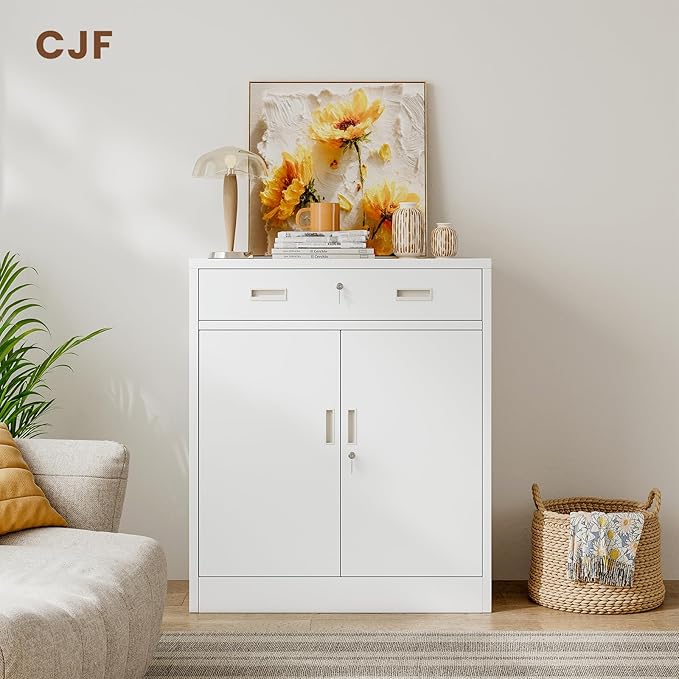 CJF Metal Storage Cabinet, Locking Storage Cabinet with Doors and 1 Drawer, 36" H x 28" W x 16" D Metal Cabinets for Office/Home/Garage -Black