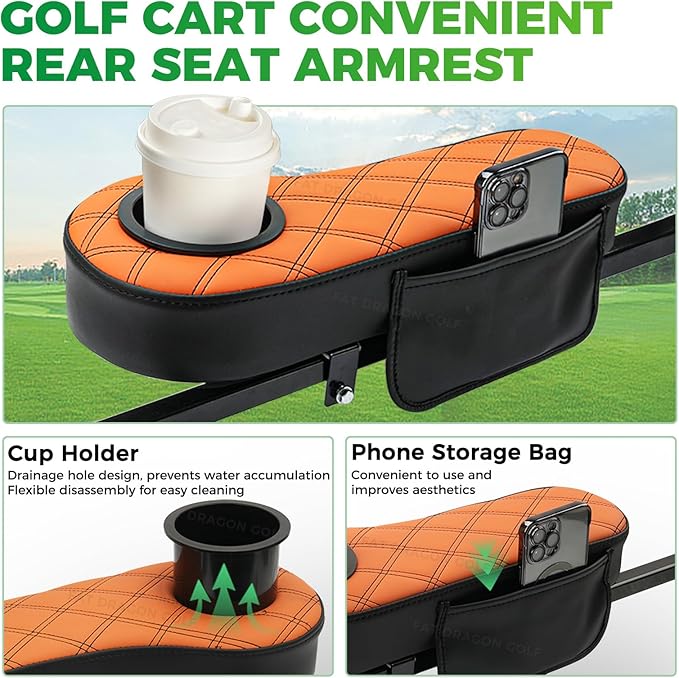 Panglong Golf Cart Armrest with Cup Holder and Phone Storage Pouch-Black or Brown, Fit Club Car EZGO Yamaha Rear Seat 1-Inch Square Tube
