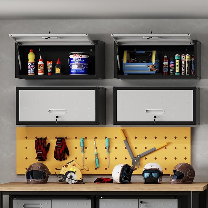 Metal Tool Cabinet,Garage Storage Cabinet System,Wall Cabinet & Locking Rolling Tool Cabinet with Doors and Adjustable Shelves,Steel Tool Cabinets for Home (2 Pcs-StyleAA, Black & Grey)
