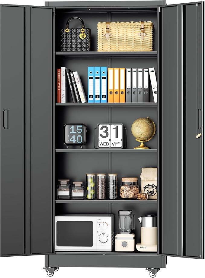 INTERGREAT Metal Garage Storage Cabinet with Wheels, Rolling Storage Cabinet with Locking Doors and 4 Adjustable Shelves,- 73" Steel Tool Cabinet for Home Office,Garage,Warehouse，Black