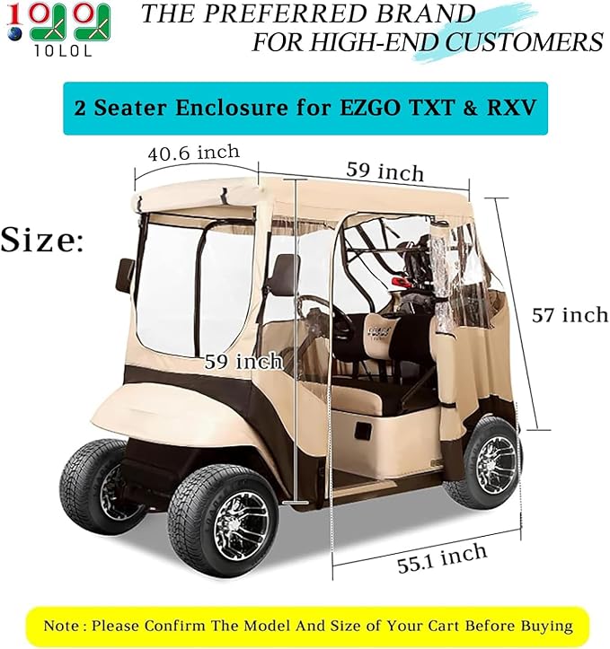 10L0L 2/4 Passenger Golf Cart Driving Enclosure for EZGO TXT/RXV Model, 4-Sided Clear Window 600D Rain Cover All Weather Windproof Waterproof - Black/Beige