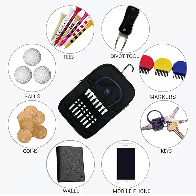 Golf Bag Pouch for Balls and Accessories | 3 Zipper Pockets | Detachable Clip | Store Up to 15 Balls | Front Tee Holder and 10 Bamboo Tees 3 1/4 in