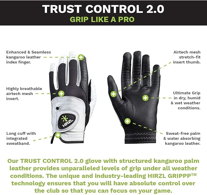 HIRZL Trust Control 2.0 Ladies Golf Gloves – All Weather Womens Golf Glove (White/Black) | Kangaroo Leather Palm | Cabretta Leather Backhand | Trusted by Pros | Sweat Free, Ultimate Grip (Pack of 10)