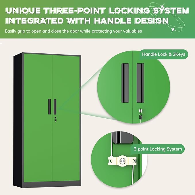INTERGREAT Metal Storage Cabinet with Lock, 63" H Metal Cabinets Storage with 2 Doors and 4 Adjustable Shelves, Locking Garage Cabinet for Home Office, Kitchen, Bathroom (Black Green)