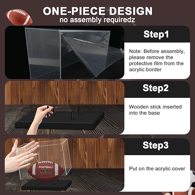 Football Display Case, Acrylic Football Case Clear, UV Protected Display Case with Solid Wood Base Stand for Full Size Signed Football Holder for Football Fans & Collectors