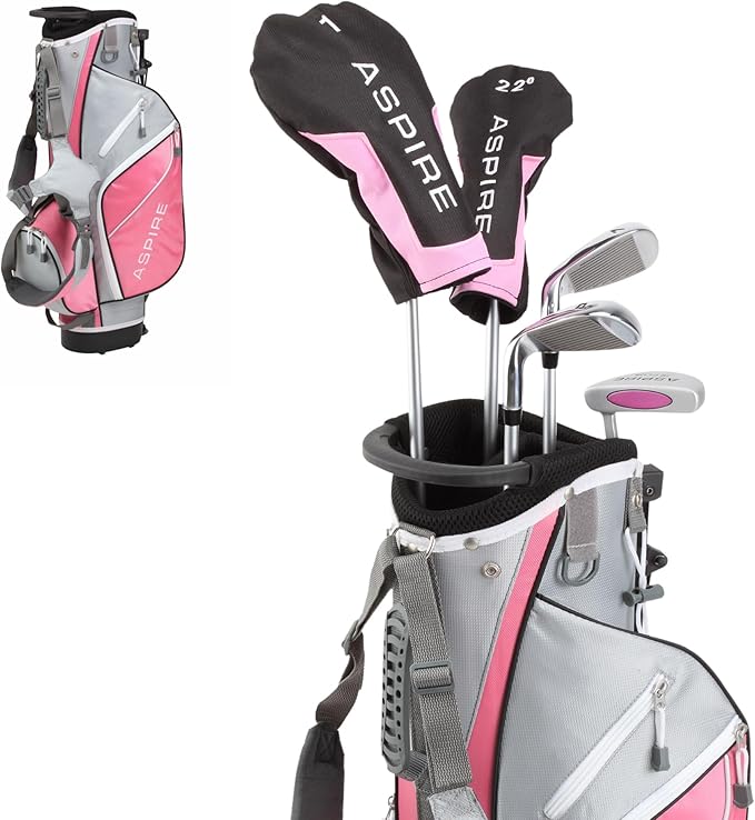 Aspire Junior Plus Kids Golf Clubs – Boys’ & Girls’ Right-Handed Golf Set with Lightweight Stand Bag, Graphite Shafts & Aircraft-Grade Aluminum Clubs