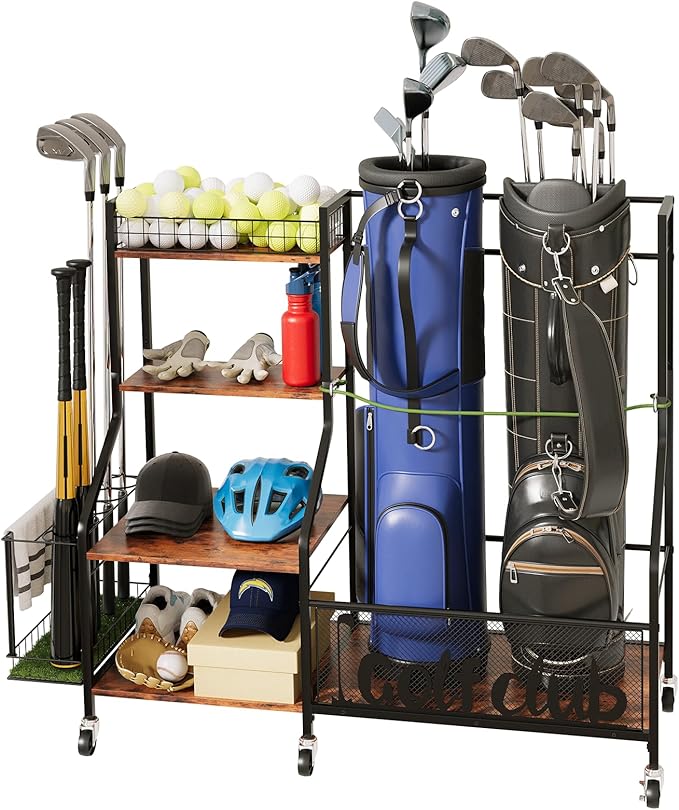 Golf Bag Organizer for 2 Bags, Large Golf Rack with Golf Bag Storage, Golf Bag Stand with Golf Club Rack, Extra Sports Equipment Rack for Garage & Golf Clubs with Wheels