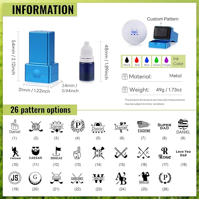 Golf Ball Stamp Personalized Marker - Premium Metal Custom Golf Ball Stamp - Quick-Dry Ink Monogram Identifier - Unique Golfing Accessories Gifts for Men Dad (Blue)