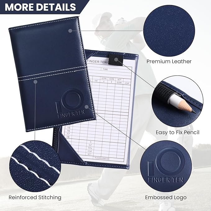 FINGER TEN Golf Scorecard Holder Leather Yardage Books Cover Lucky Clover with 2 Free Pencil Value Pack Deluxe Pocket Score Card Covers Gift for Men Women Golfer