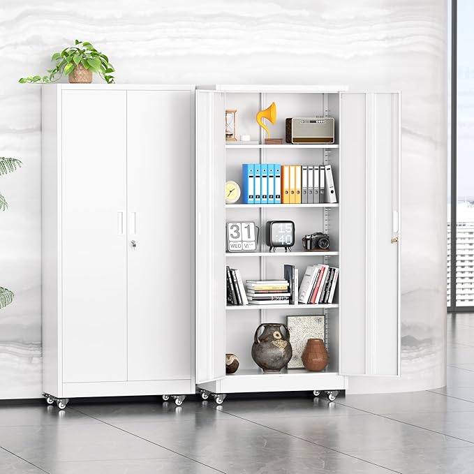 INTERGREAT Metal Garage Storage Cabinet with Wheels, Rolling Storage Cabinet with Locking Doors and 4 Adjustable Shelves,- 73" Steel Tool Cabinet for Home Office,Garage,Warehouse，White