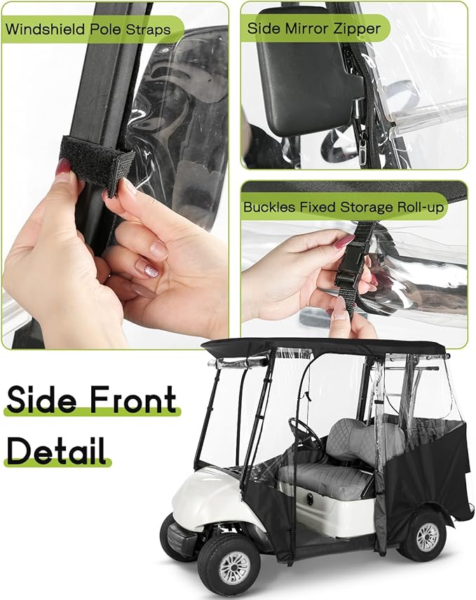 Golf Cart Enclosure 2 Passenger for Yamaha G29 Drive 2 600D Waterproof Windproof Driving Rain Cover Fit 2-Seater Short Roof with 4-Sided Clear Windows Mirror Openings Roll-up Zipper Door Black