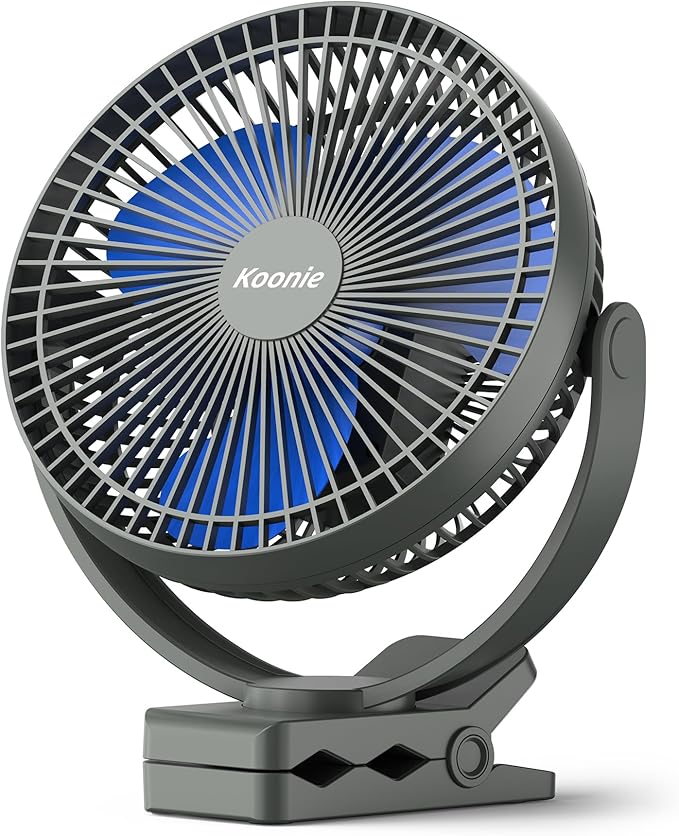 Koonie 10000mAh Rechargeable Portable 8-Inch Clip-on Fan, USB Car Fan 4 Speeds, Sturdy Clamp for Office Desk, Golf Cart, Stroller, Outdoor, Travel, Camping, Tent, Gym, Treadmill