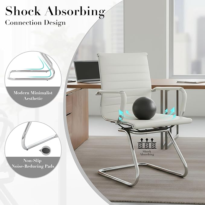CIMOTA Waiting Room Chairs Leather Office Guest Chair Mid Back Reception Chairs with Sled Base for Meeting/Patient/Conference Room, White Set of 8