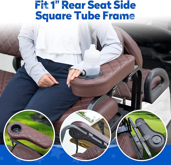 NOKINS Golf Cart Seat Covers for YAMAHA/G29/Drive2, Vinyl Front&Rear Seat Cover with Flip-Up Armrests kit, with Cup Holder, for 1" Square Tube (Brown&Brown 8438)