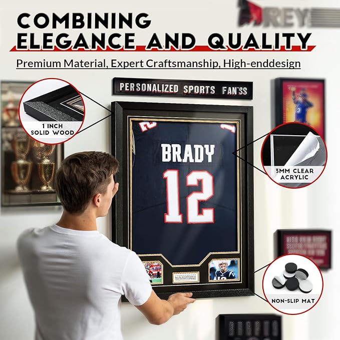 JupDec Jersey Frame Display Case, Large Clear Acrylic Shadow Box with UV Protection for Baseball Basketball Football Soccer Hockey shirts, Wall Mount Wooden Showcase, Idea Gift for Sports fans, 1 pack