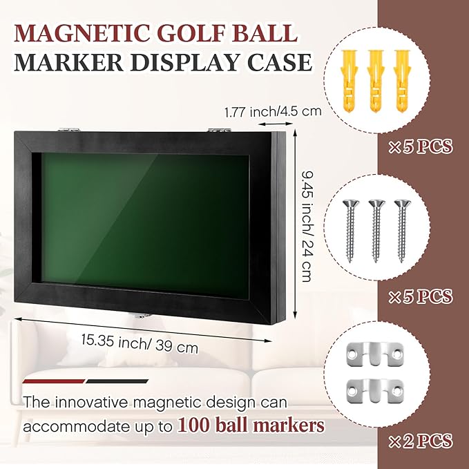 40 Golf Ball Marker Display Case Full Magnetic Backing 15.5" W x 9.5" H Wall Mount Wooden W/98% UV Acrylic Door Lockable Storage Display Box for Ball Marker Collection(Black)