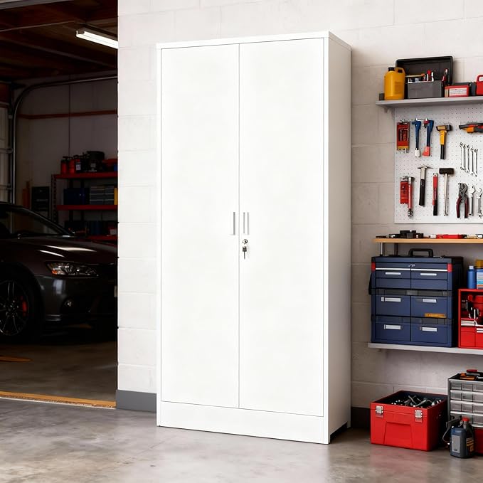 BESFUR Metal Cabinet with 5 Adjustable Shelves and 2 Lockable Doors, 71" H Locking Cabinet for Garage, Classroom and Office -White