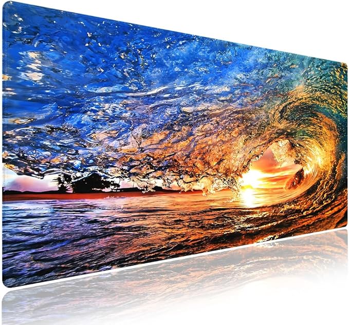 Wknoon. Extra Large Gaming Mouse Pad (31.5" x 11.8") with Durable Stitched Edges – Huge Ocean Wave Cave at Sunset Scene, Anti-Slip Rubber Base & Smooth Fabric Surface Extended XXL Desk Mat