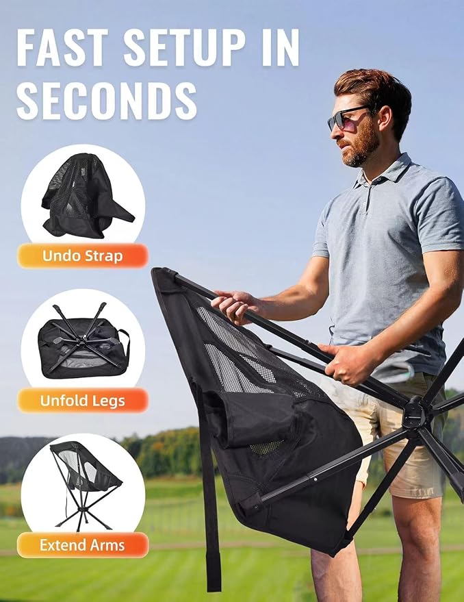 Portable Chairs for Adults Foldable, Fast Setup, Lightweight & Small Folding Chair with Cup Holder, Side Pocket and Carry Bag - Support 350 LBS