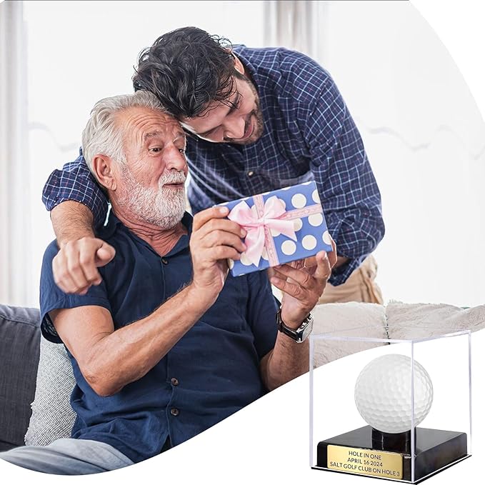 Custom Golf Ball Display Case Acrylic Golf Ball Holder Case Laser Engraved Plaque Showcase Your Cherished Golf Ball Memorabilia (Coffee Gold)