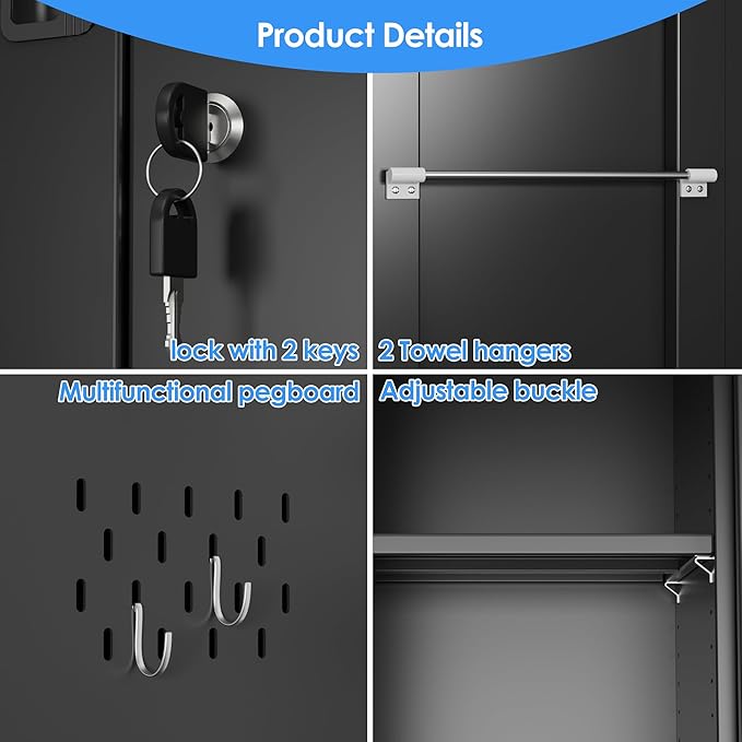 SUXXAN Broom Closet Storage Cabinet 71.4"x 33.9"x16.9", Metal Cleaning Cabinets with Hooks and Hanging Rods, Lockable Cabinet with Pegboard, Adjustable Shelf,for Garage, Laundry Room
