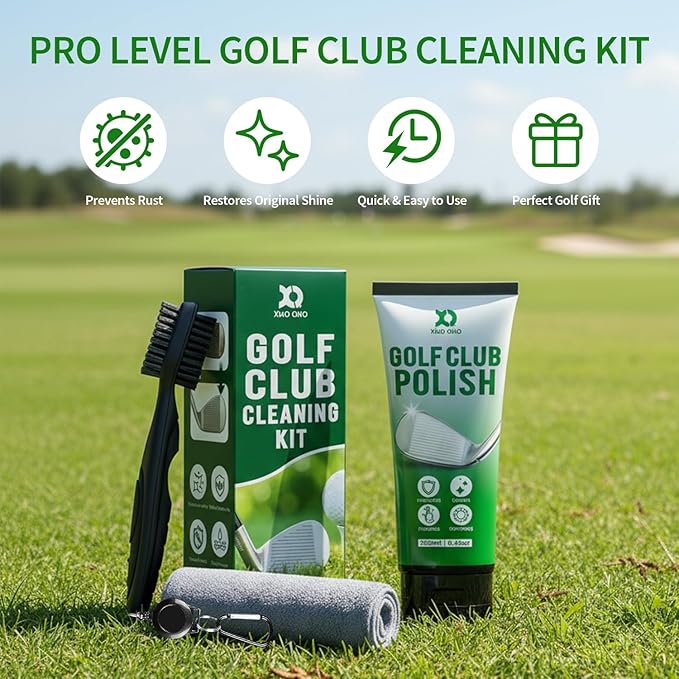 Golf Club Cleaning kit, 3-in-1 Easy to Use Golf Club Cleaner Includes 250ml Golf Club Polish, Golf Club Brush and Groove Cleaner 2 ft Retractable Zipline Carabiner, Microfiber Cloth
