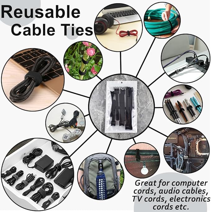 70pcs Cable Ties Reusable Black Wire Ties Cable Management Cord Ties Reusable for Electronics Hook and Loop Cable Ties for Computer 4 6 8 Inch